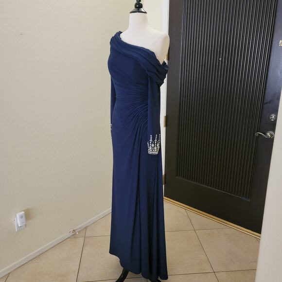 Mac Duggal 12231 Midnight Navy Blue 6 Long Sleeve Formal Maxi Gown Dress - Picture 4 of 10